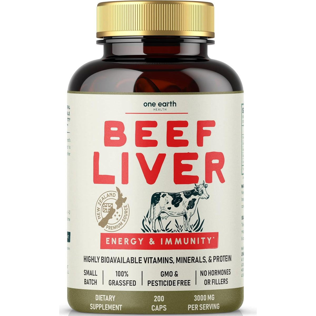 One Earth Health Grass Fed Beef Liver Capsules for Women & Men – Desiccated New Zealand Liver Supplement | Heme Iron, B12 & Folate | Grass-Fed & Finished | 3,000Mg, 200 Capsules