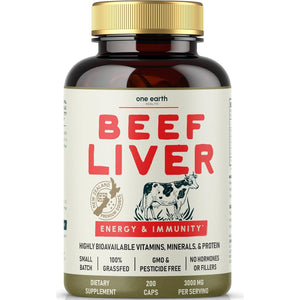 One Earth Health Grass Fed Beef Liver Capsules for Women & Men – Desiccated New Zealand Liver Supplement | Heme Iron, B12 & Folate | Grass-Fed & Finished | 3,000Mg, 200 Capsules