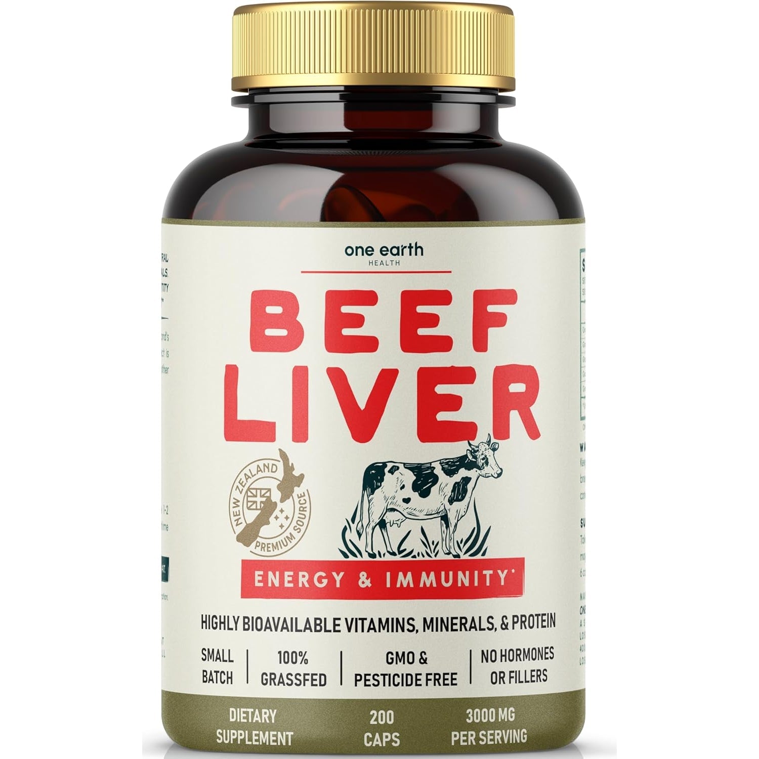 One Earth Health Grass Fed Beef Liver Capsules for Women & Men – Desiccated New Zealand Liver Supplement | Heme Iron, B12 & Folate | Grass-Fed & Finished | 3,000Mg, 200 Capsules
