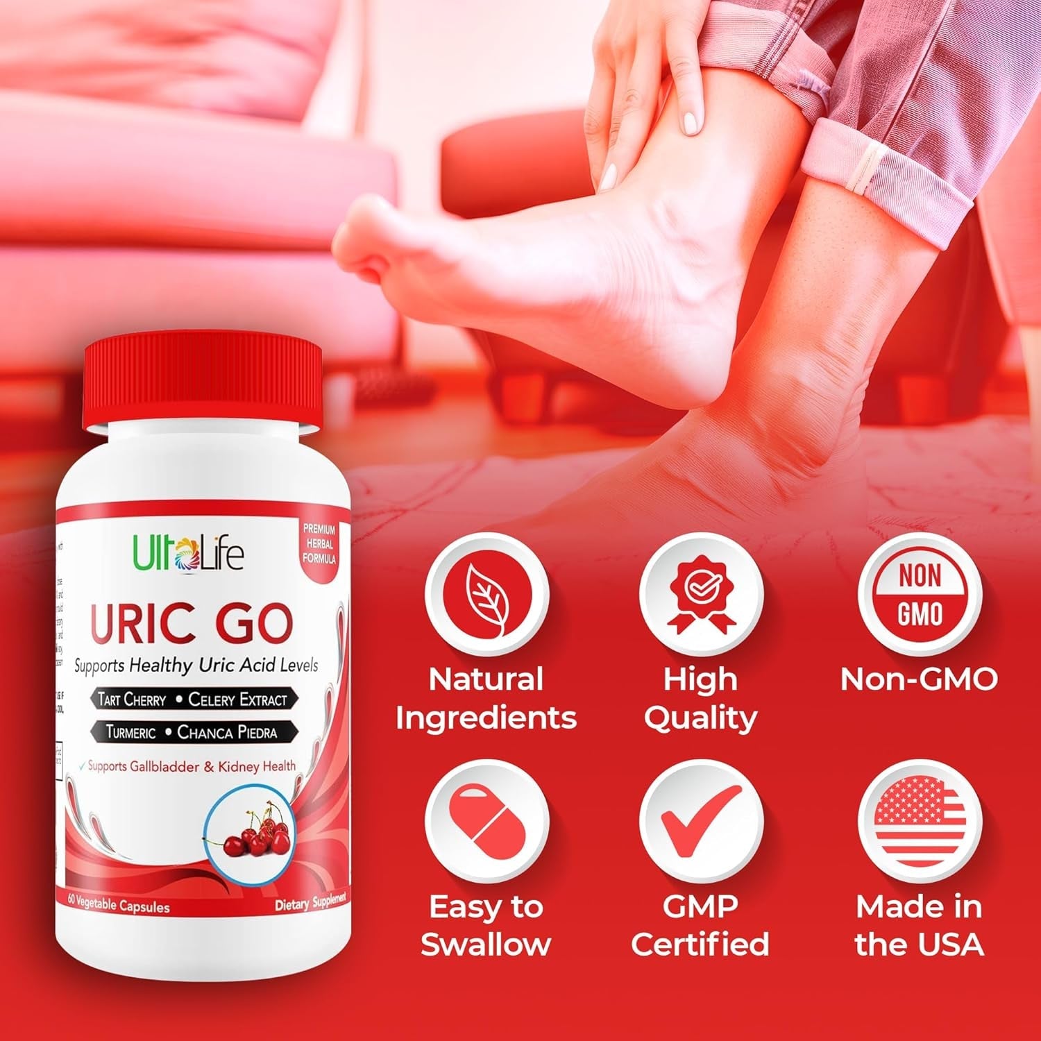 #1 URIC GO Uric Acid Cleanse Support Supplement for G.O.U.T - Natural Kidney Cleanse Detox Formula Chanca Piedra, Celery Seed, Tart Cherry, Cranberry, Pomegranate, Turmeric, Vegan Non-Gmo 60 Capsules