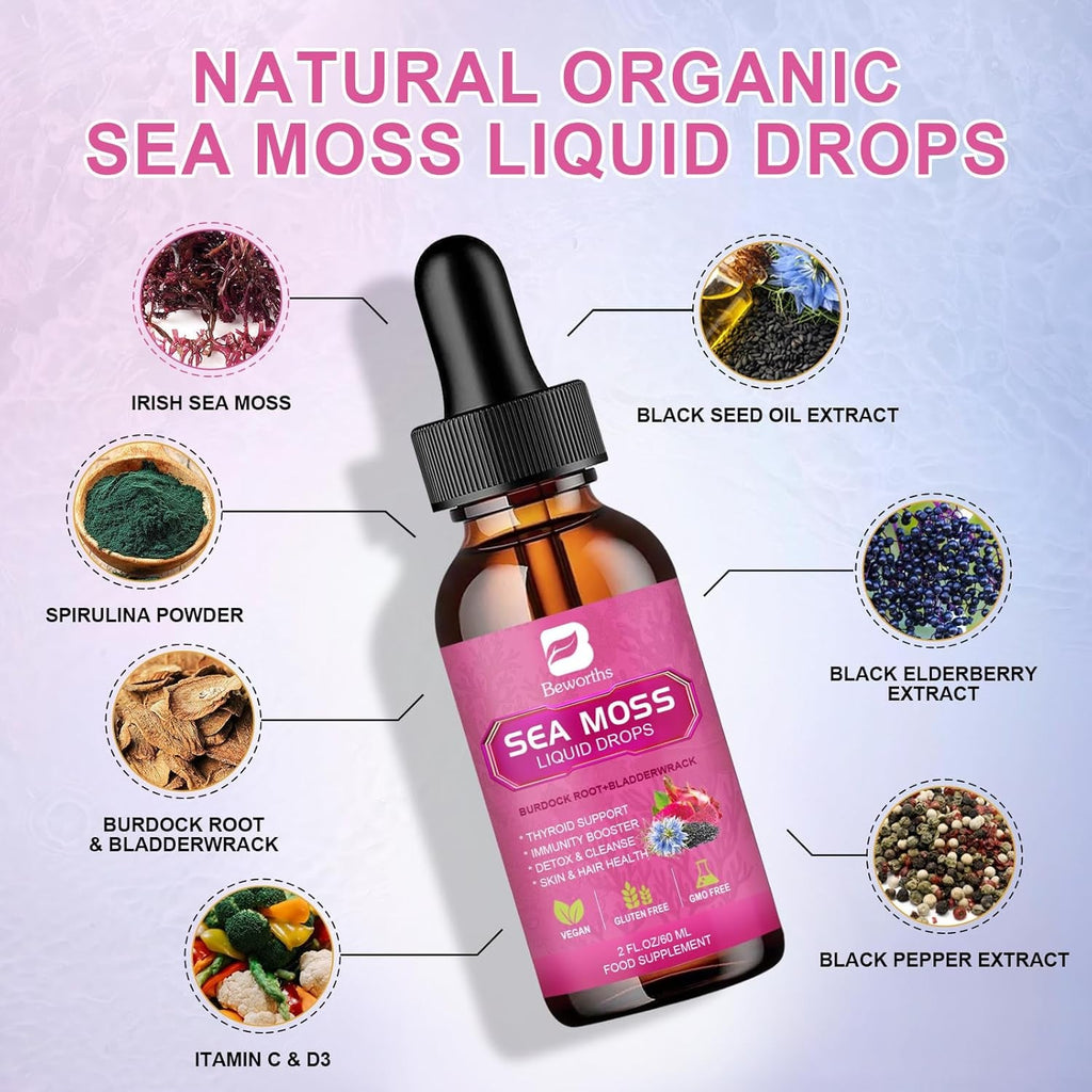 Sea Moss Liquid Drops - Organic Irish Sea Moss with Black Seed Oil, Ashwagandha, Soursop, Bladderwrack, Burdock Root, Elderberry, Turmeric | Seamoss for Immune Support, Energy, Hair & Digestion -Vegan