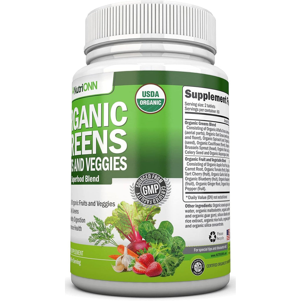 Organic Super Greens Capsules - Fruit and Vegetable Supplements - 120 Count - 28 USDA Organic & Vegan Premium Ingredients - Superfood Blend for Immune Health, Digestion & Energy - Whole Food Vitamins