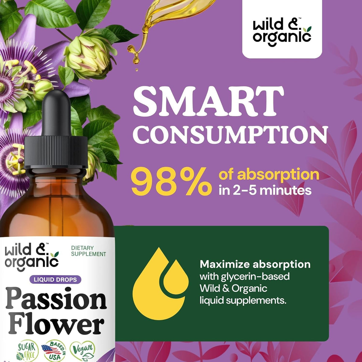 Wild & Organic Passion Flower Tincture - Mood Support - Calming Passionflower Supplement - Passiflora Incarnata Liquid Extract - Vegan, Sugar & Alcohol-Free Herb Drops - 4 Fl Oz