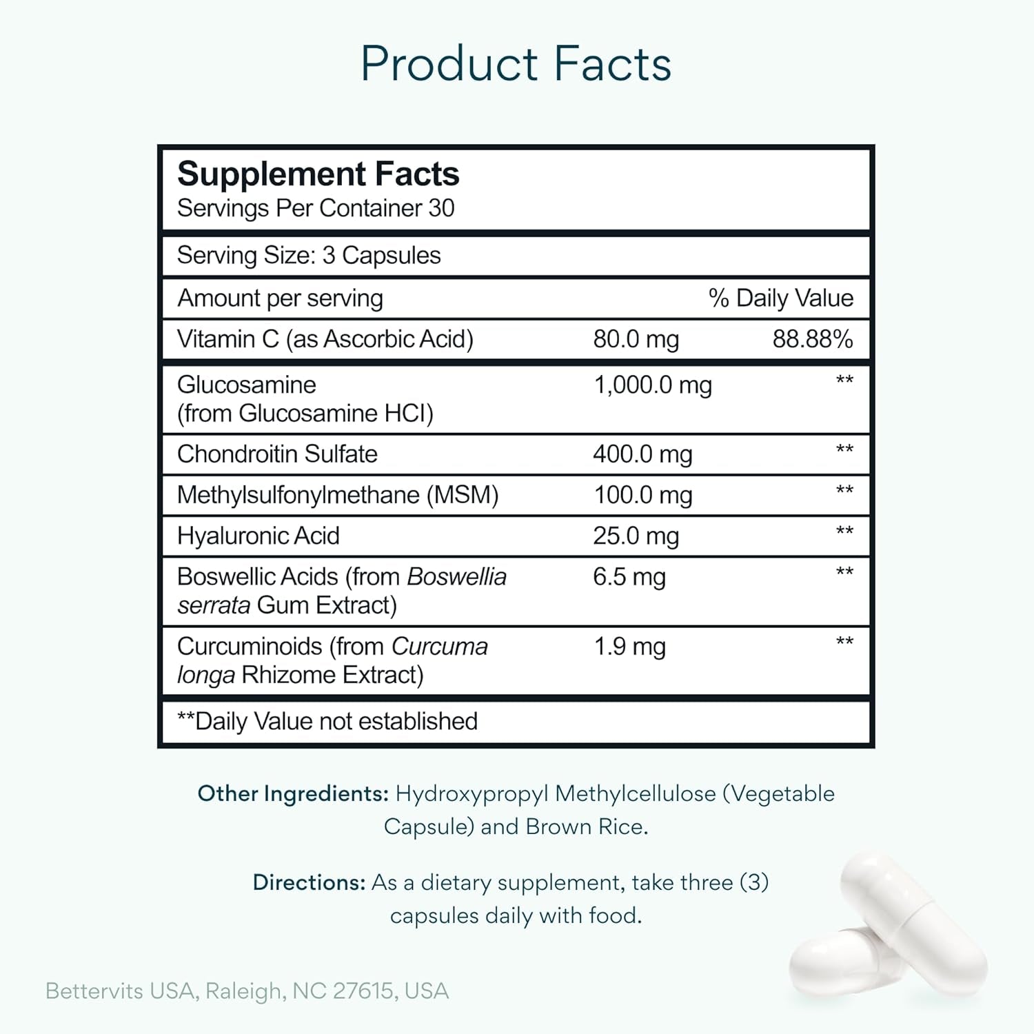Bettervits Glucosamine Complex with MSM Сhondroitin | Joint Supplements for Women and Men with Vitamin C | Arthritis Support Supplement for Mobility & Flexibility - 90 Capsules