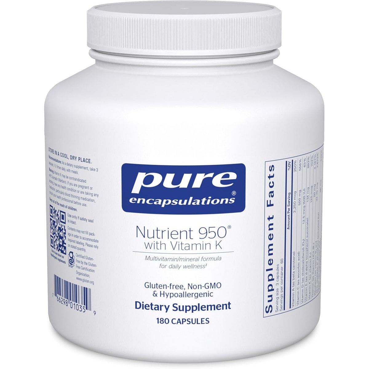 Pure Encapsulations Nutrient 950 with Vitamin K 180'S - Multivitamin & Mineral Supplement - Bone & Arterial Support* - Optimal Absorption - Gluten Free & Non-Gmo - 180 Capsules