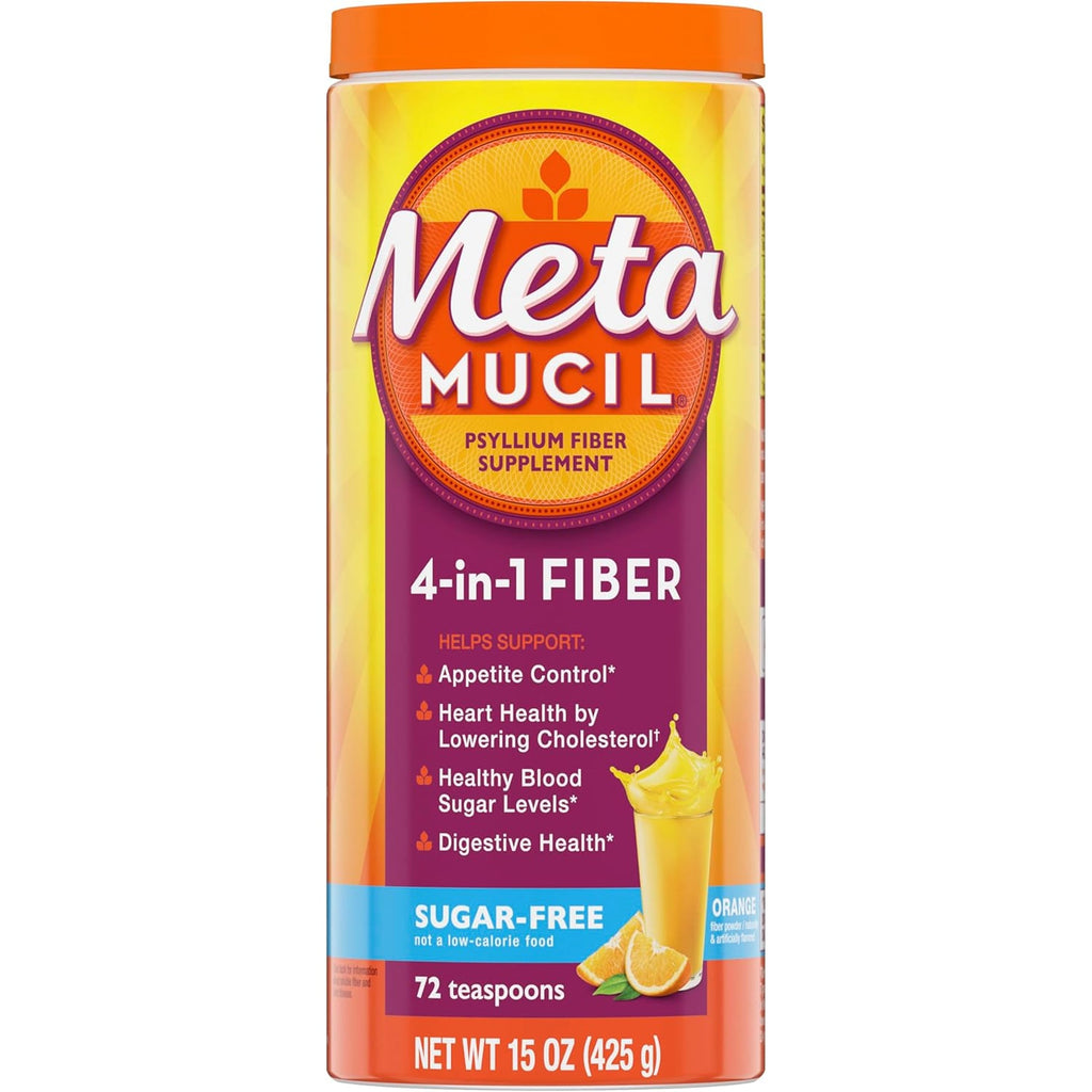 Metamucil 4-In-1 Psyllium Husk GLP-1 Friendly Fiber Supplement, Sugar-Free, 72 Teaspoons, Orange Flavored, Daily Fiber Powder for Digestive Health, Made with Plant-Based Psyllium Husk Fiber
