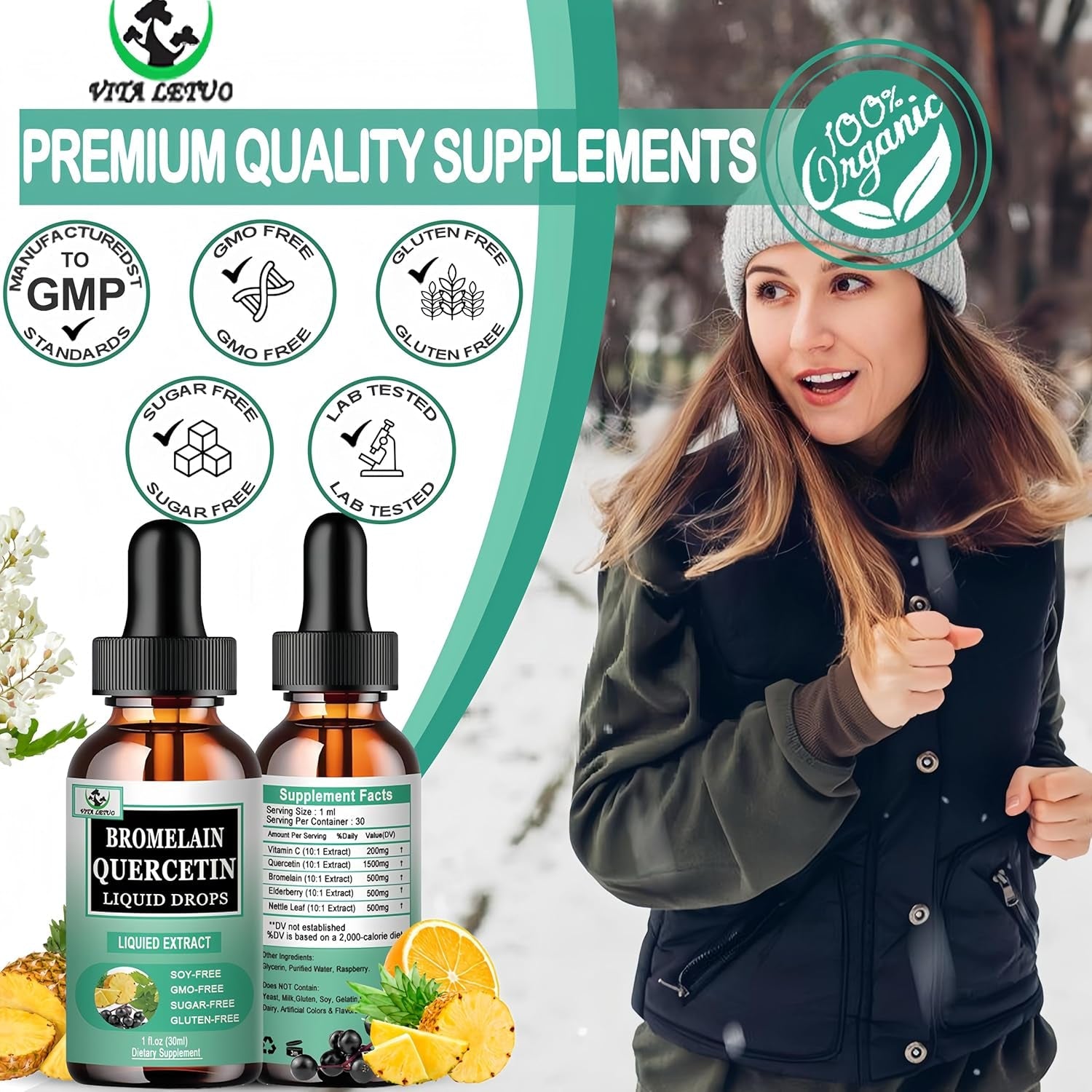 Quercetin Liquid Drops, Quercetin with Bromelain Elderberry Nettle Leaf Vitamin C Liquid Supplements, High Absorption Quercetin Liquid Drops for Women Men, Healthy Immune Antioxidant Support, Non-Gmo