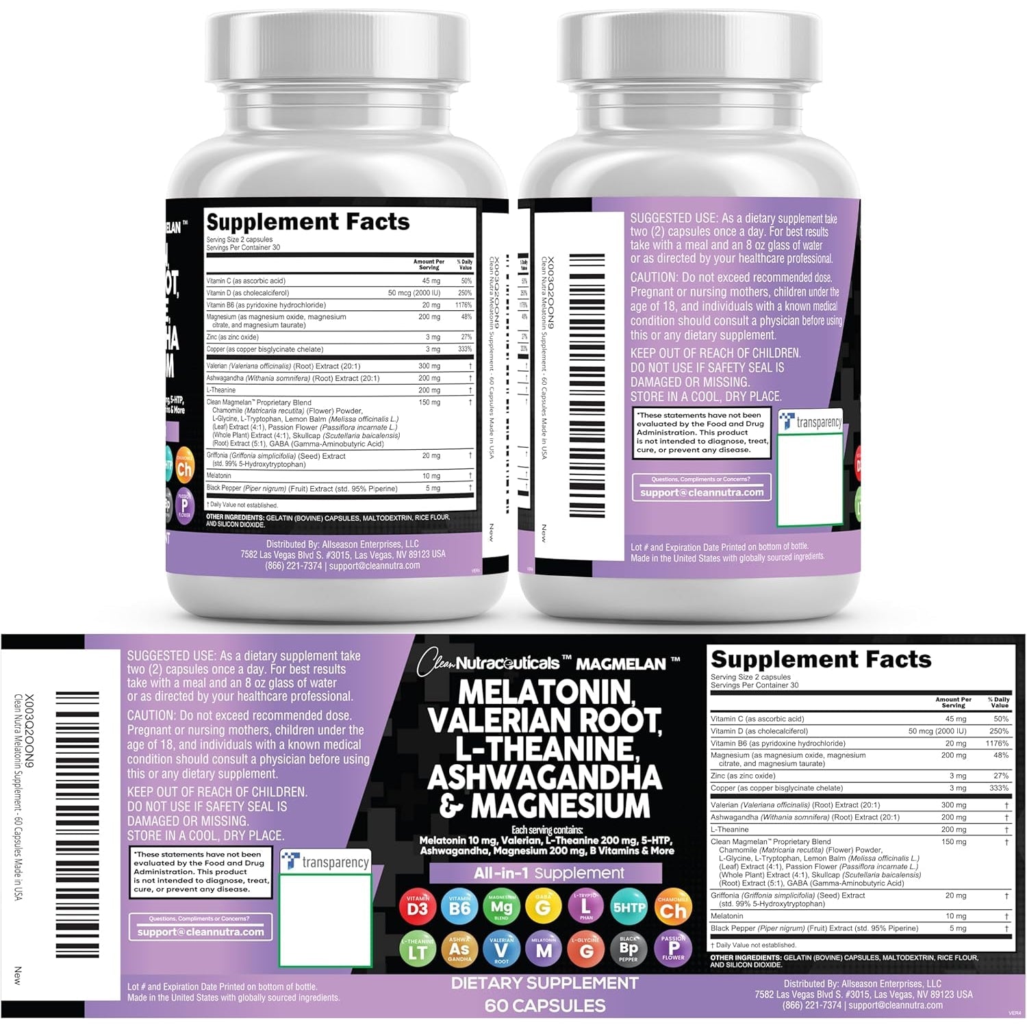 Clean Nutraceuticals Melatonin 10Mg Valerian Root L Theanine 200Mg Ashwagandha - Sleep Support for Women & Men with Magnesium Complex, Lemon Balm, Chamomile, & Passion Flower - 60 Caps