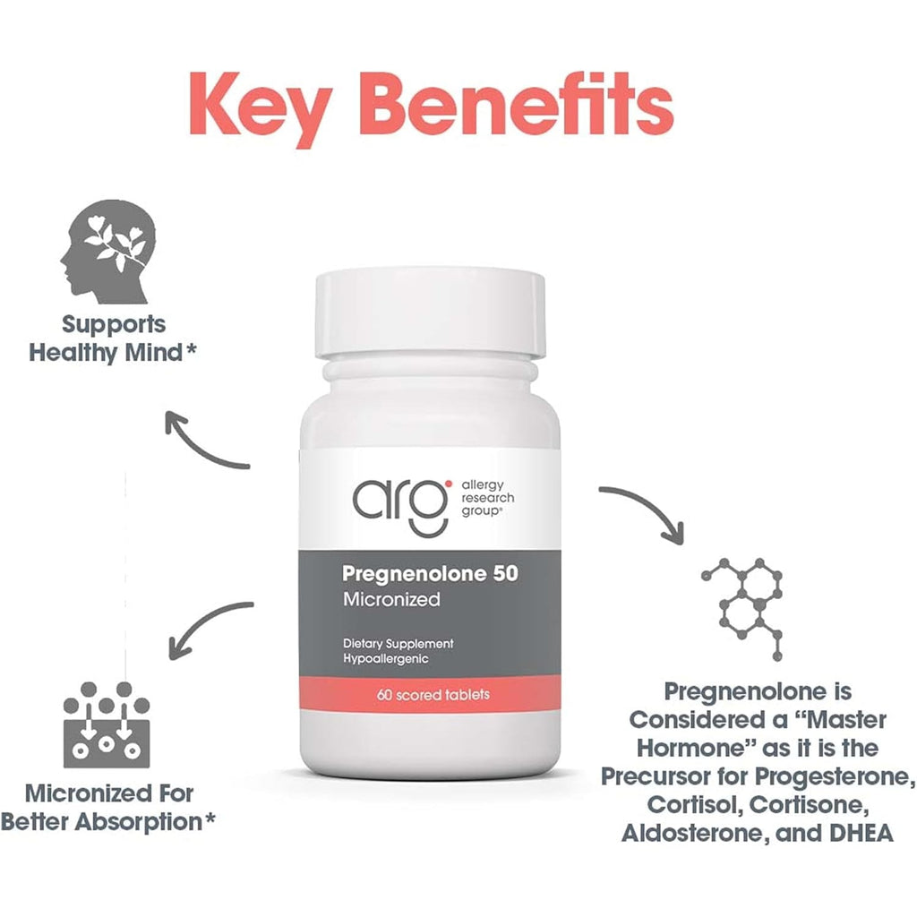 Allergy Research Group ARG Pregnenolone 50 Mg - Micronized Hormone Precursor Support - Highly Bioavailable - Hypoallergenic - 60 Servings - 60 Scored Tablets