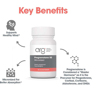 Allergy Research Group ARG Pregnenolone 50 Mg - Micronized Hormone Precursor Support - Highly Bioavailable - Hypoallergenic - 60 Servings - 60 Scored Tablets