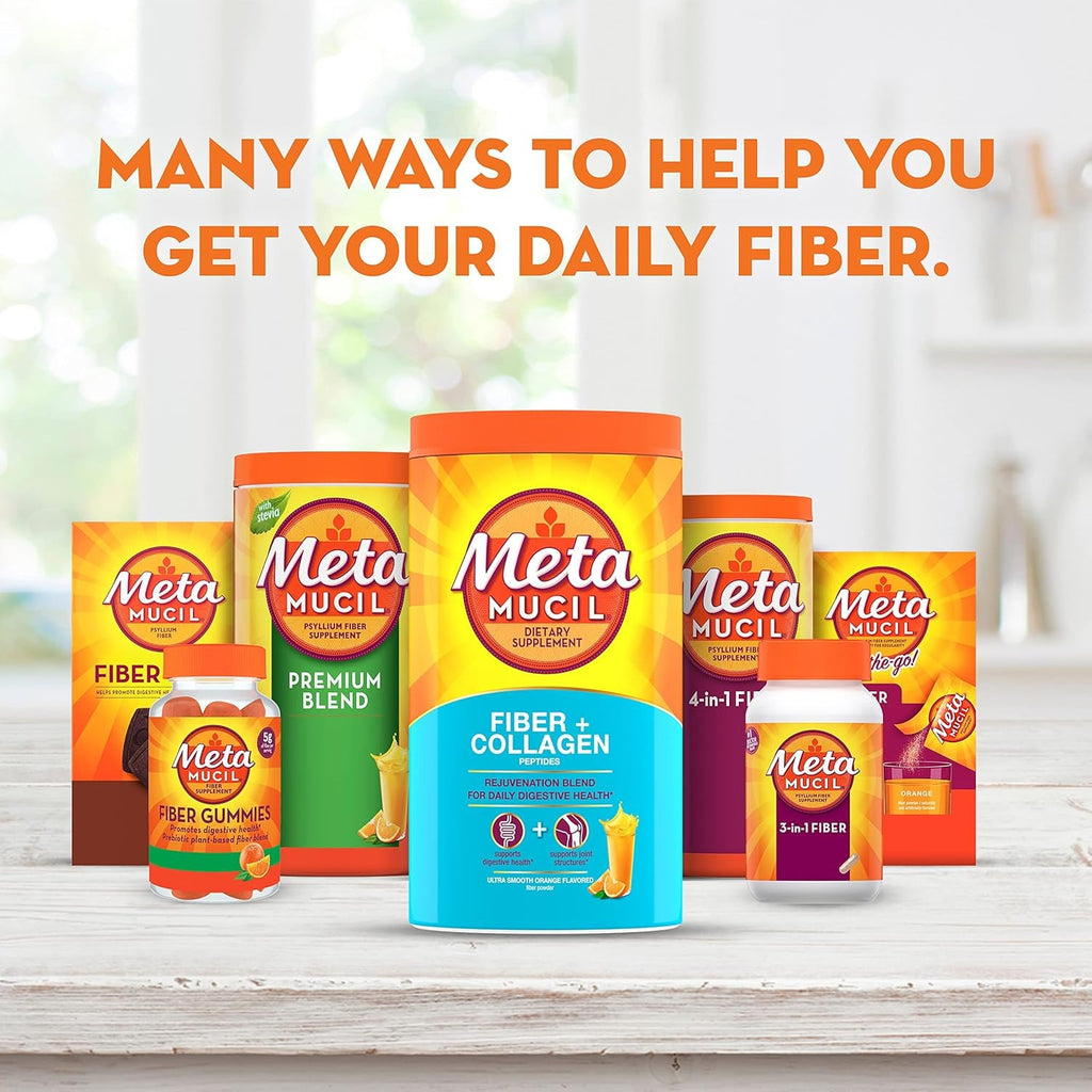 Metamucil Daily Fiber + Collagen, Psyllium Husk Powder, Plant Based Fiber Supplement, Sugar-Free with Stevia, 3-In-1 Fiber Supplement for Digestive Health, Orange Flavored, 90 Doses
