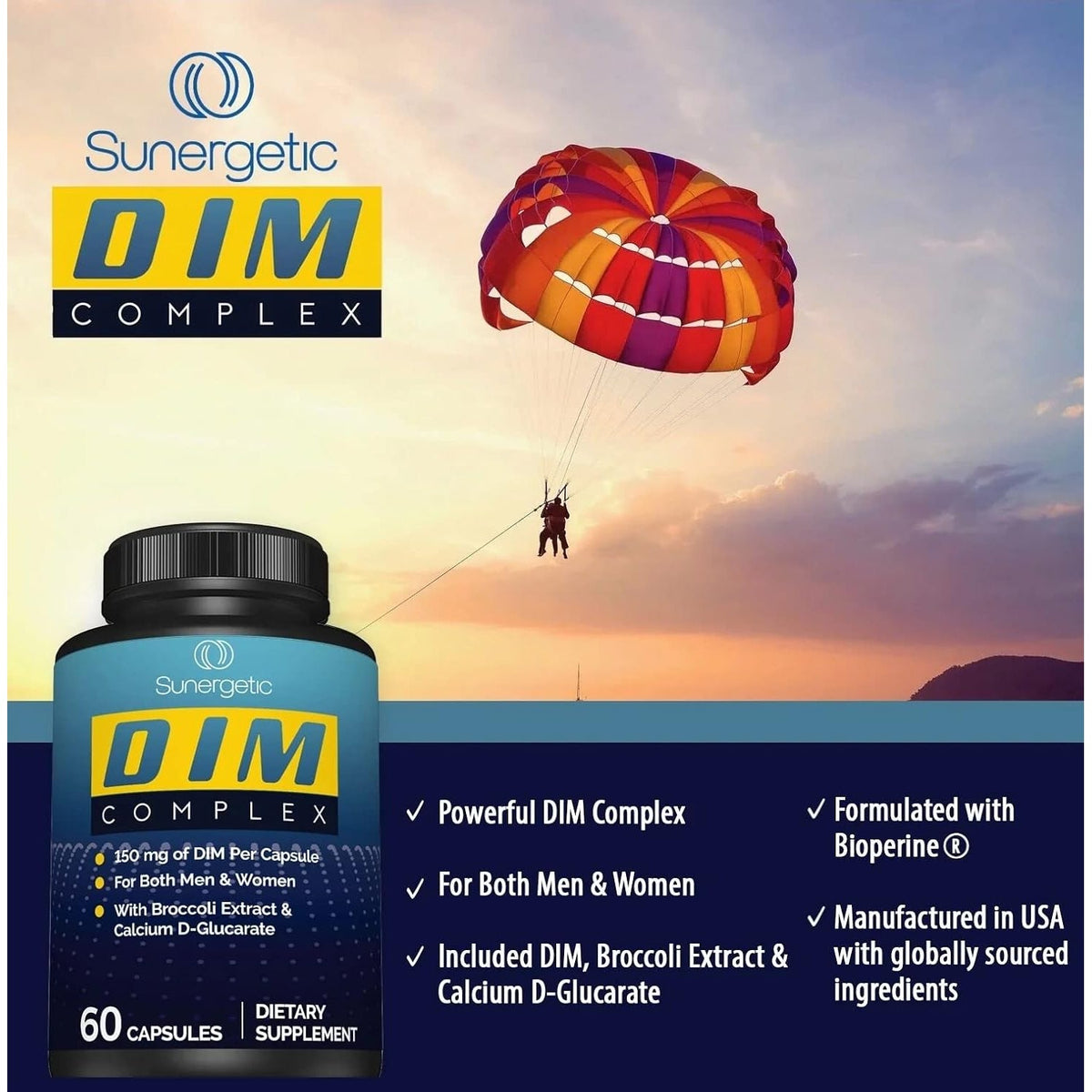 Sunergetic Premium DIM Supplement – 150Mg Diindolylmethane, Broccoli, Calcium D-Glucarate & Bioperine for Men & Women – DIM Complex for Menopause Support & Balance - 60 Capsules