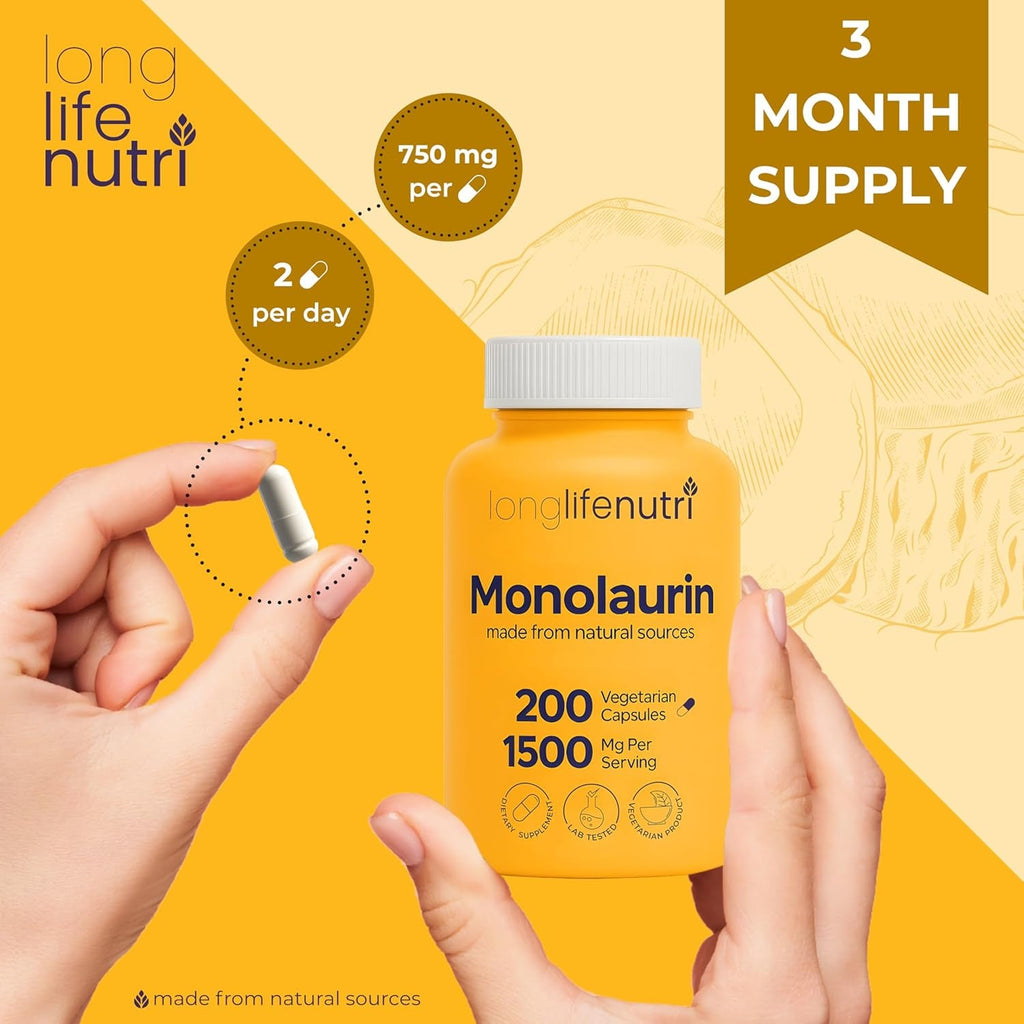Longlifenutri Monolaurin 1500Mg - Potent Glycerol from Coconut, 200 Vegetarian Capsules, Organic Supplement for Gut Balance & Natural Defense, 100-Day Supply, GMP Certified, Made in USA