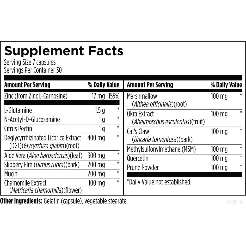 Designs for Health GI Revive - Slippery Elm Gut Health Support with Licorice Root, L-Glutamine + Zinc Carnosine - MSM, Marshmallow Root Powder + Okra Extract (210 Capsules)