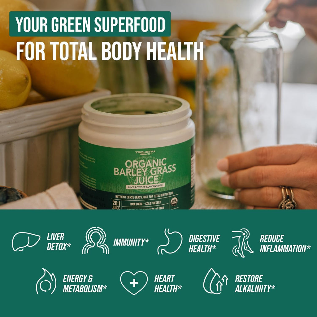 Organic Barley Grass Juice Powder - Grown in Volcanic Soil of Utah - Raw & Bioactive Form, Cold-Pressed Then CO2 Dried – Gluten Free, GMO Free, Vegan - Complements Wheatgrass Juice Powder - 5.3 Oz