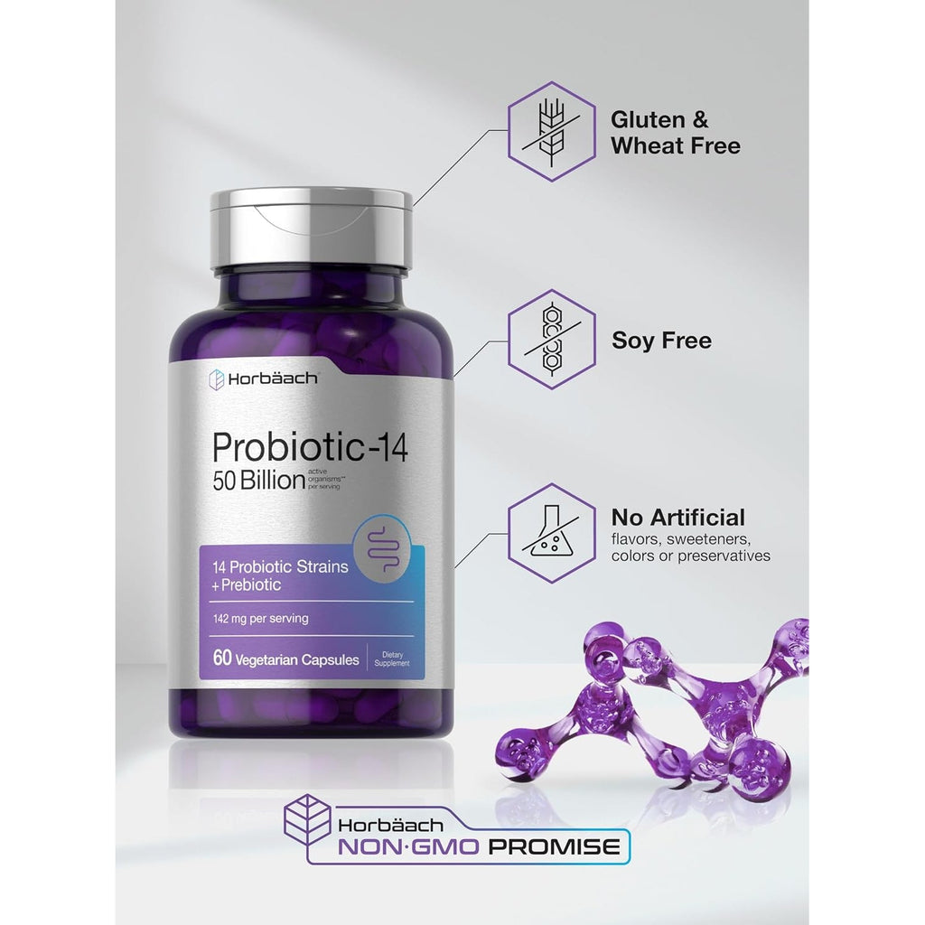 Horbaach Probiotics for Women and Men | 60 Capsules | 14 Probiotic Strains with Prebiotic | 50 Billion Active Organisms | Non-Gmo & Gluten Free Supplement