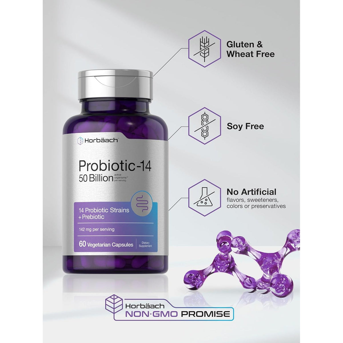 Horbaach Probiotics for Women and Men | 60 Capsules | 14 Probiotic Strains with Prebiotic | 50 Billion Active Organisms | Non-Gmo & Gluten Free Supplement
