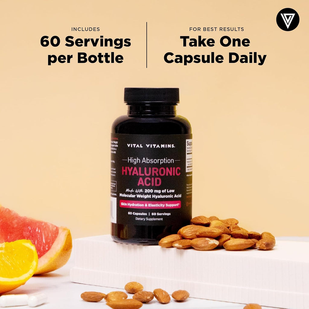 Vital Vitamins Hyaluronic Acid Supplements - Made with 200Mg of Low Molecular Weight Hyaluronic Acid - Supports Skin Hydration & Elasticity from within - 60 Capsules, 60 Servings