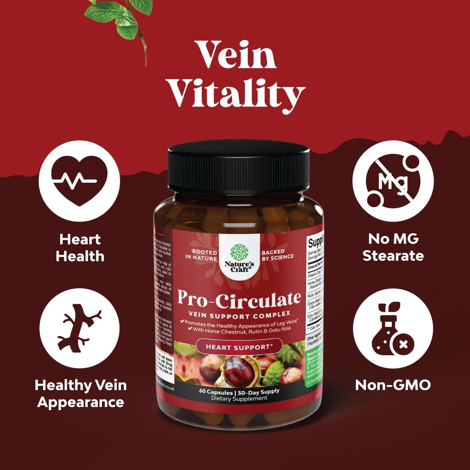 Natures Craft Vein Support Supplement for Leg and Veins - Full Body Supplement for Spider & Varicose Veins and Improved Flow with Horse Chestnut Extract - Vegan Non-Gmo Capsules - 60 Count