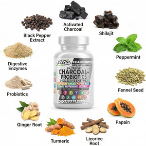 Activated Charcoal Pills for Gas Relief and Debloat, Charcobiotic with Probiotics Digestive Enzymes Shilajit Peppermint Fennel Ginger Turmeric Licorice Root Aloe Vera Ceylon Cinnamon, Clean Nutra 90Ct
