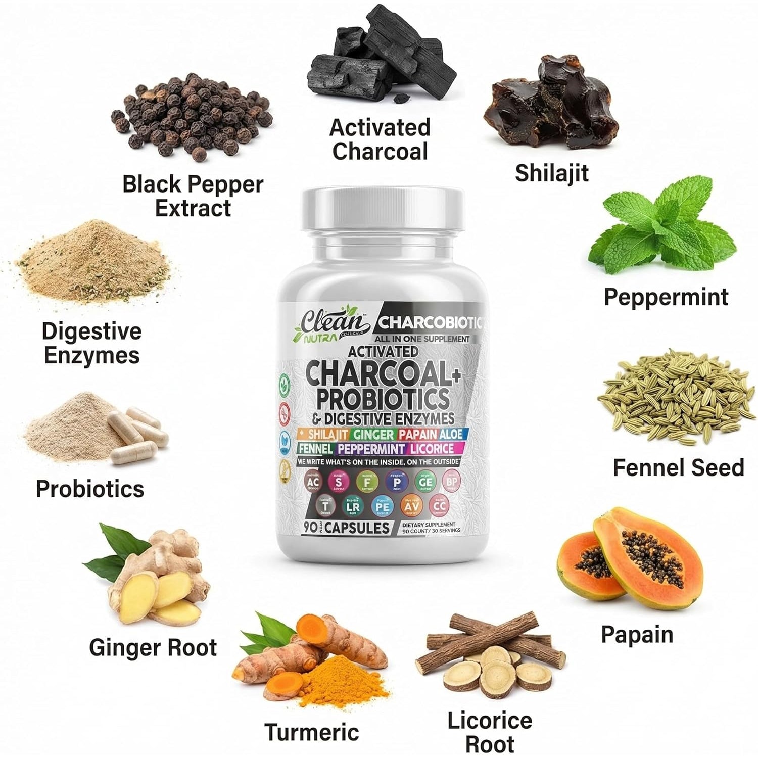 Activated Charcoal Pills for Gas Relief and Debloat, Charcobiotic with Probiotics Digestive Enzymes Shilajit Peppermint Fennel Ginger Turmeric Licorice Root Aloe Vera Ceylon Cinnamon, Clean Nutra 90Ct