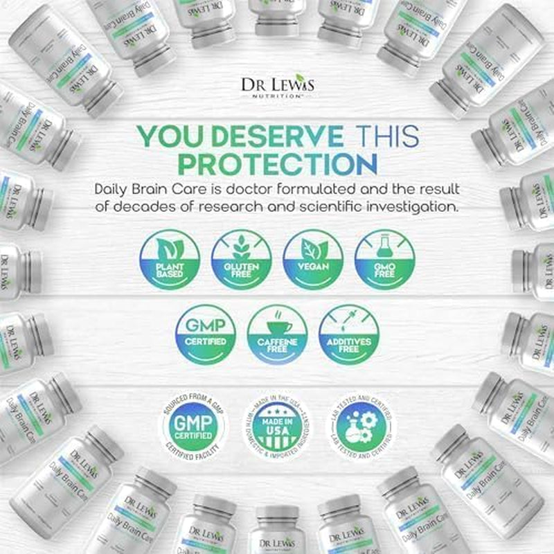 Dr Lewis Daily Brain Care Capsules - Brain Supplements for Memory and Focus with Aloe Vera - Plant-Based Nootropic and Energy Supplement for Brain Fog, Mental Clarity, and Immune Support - 90 Capsules