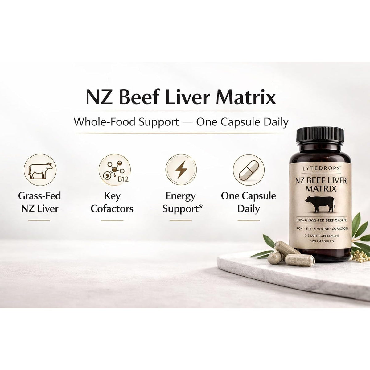 NZ Grass Fed Beef Liver Capsules + Nutrient Matrix | 4 Month Supply (1 Cap Dose) Desiccated Freeze-Dried Liver | 120 Caps | Bio Available B12, and Amplified Ingredients