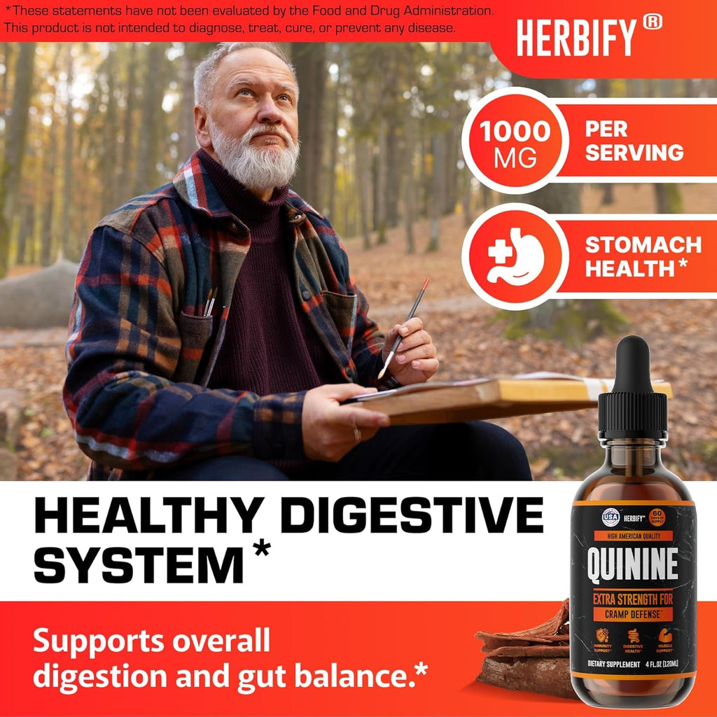 HERBIFY Quinine Tincture - Quinine Liquid Extract for Healthy Digestion - Quinine Cinchona Supplement for Better Absorption - US Made Product - for Men & Women 4Oz (120Ml)