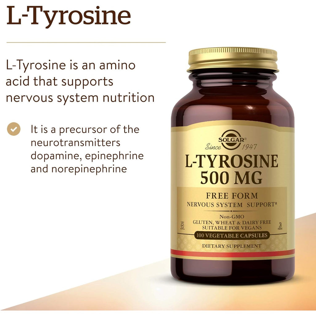 Solgar L-Tyrosine 500 Mg, 100 Vegetable Capsules - Brain & Nervous System Support - Vegan, Gluten Free, Dairy Free, Kosher - 100 Servings,Standard Packaging