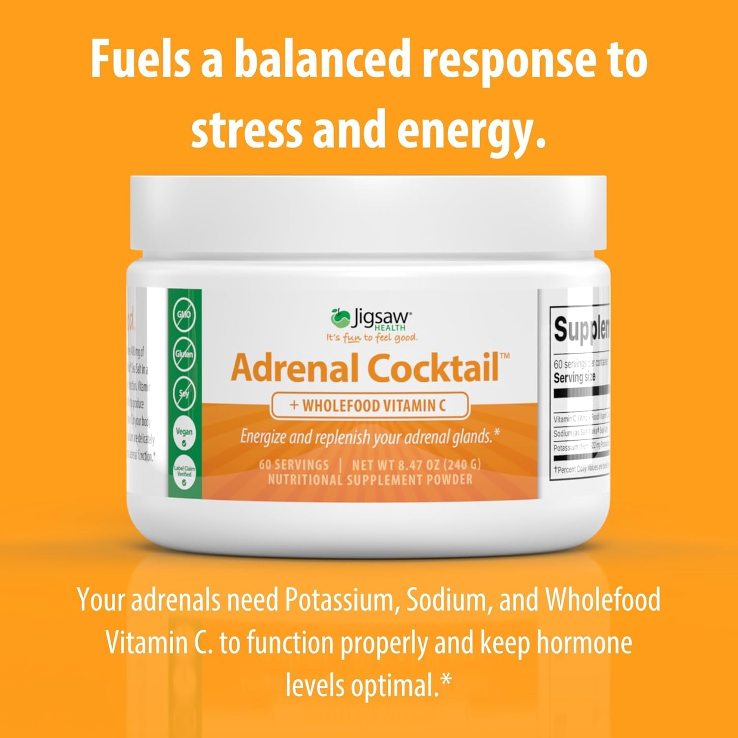 Jigsaw Health Adrenal Cocktail + Wholefood Vitamin C | with Potassium Bicarbonate, Sea Salt, and Acerola Cherry Extract | 60 Servings (Jar)