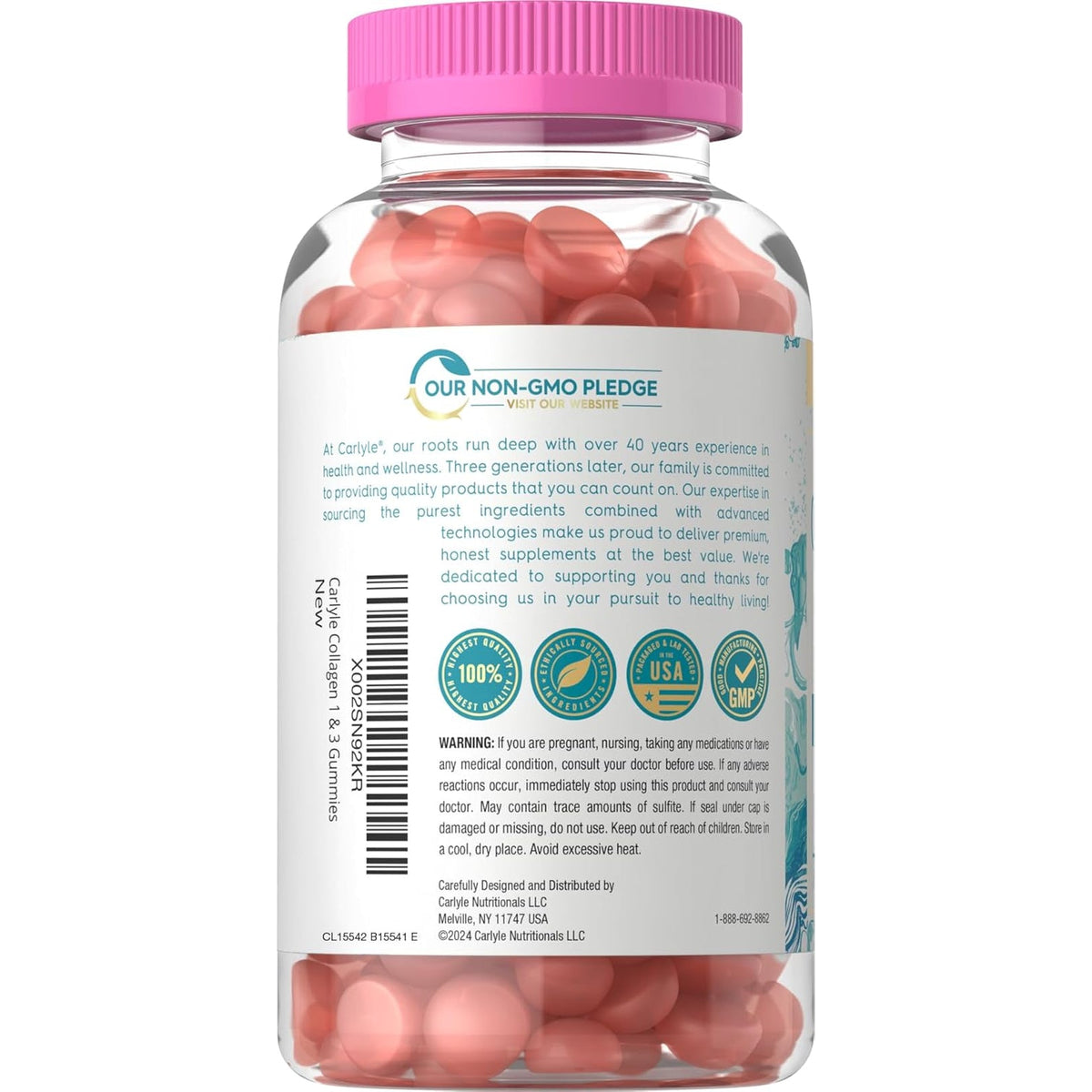 Carlyle Collagen Gummies | Strawberry Flavor Beauty Supplement | Collagen Peptides for Women & Men | Type 1 & 3 | Non-Gmo, Gluten Free