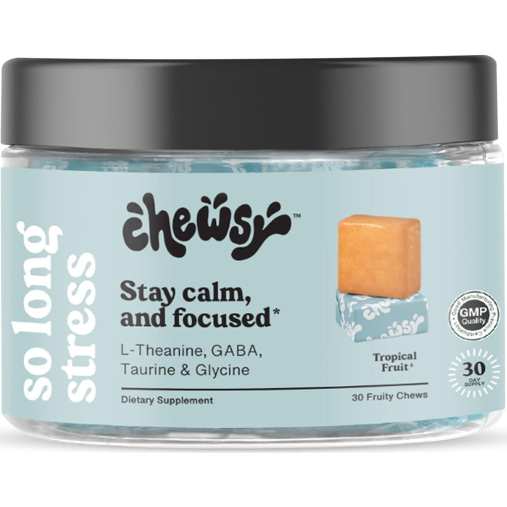 Chewsy so Long Stress, Calm Fruity Chews, Stay Calm & Focused. W/L-Theanine, Amino Acid, GABA, Glycine, Tyrosine, Taurine & Magnesium. Non-Gmo and Gluten-Free. Tropical Fruity Chews, 30-Day Supply