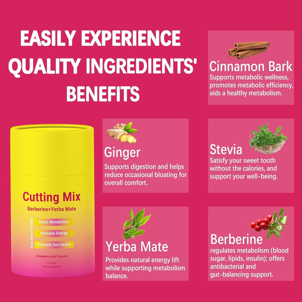 Cutting Drink Mix – Berberine, Chromium, 5-HTP, Yerba Mate & Magnesium | Strawberry Açaí Flavor – 30 Servings