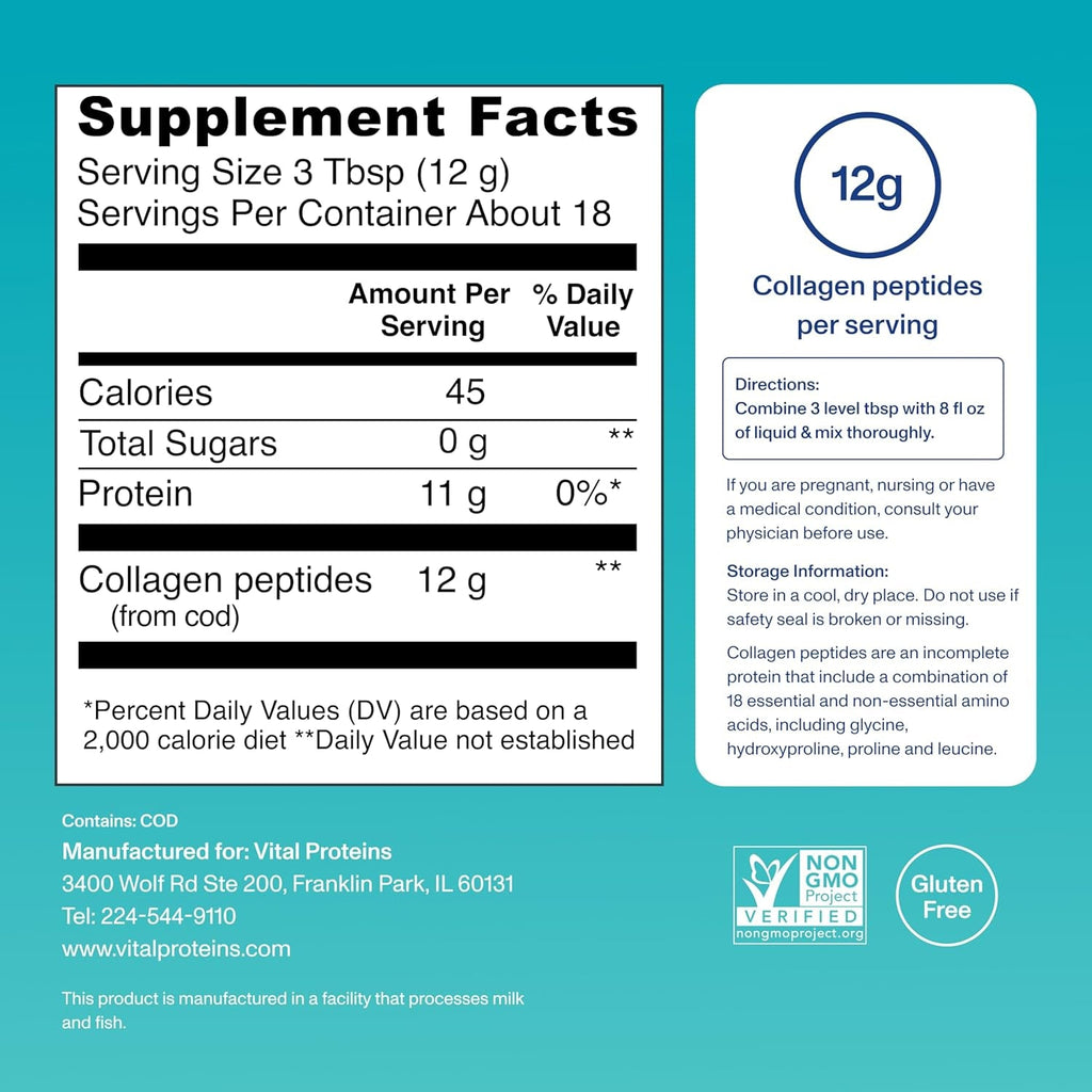 Vital Proteins Marine Collagen Peptides Powder Supplement for Skin Hair Nail Joint - Hydrolyzed Collagen - 12G per Serving - 7.8 Oz Canister