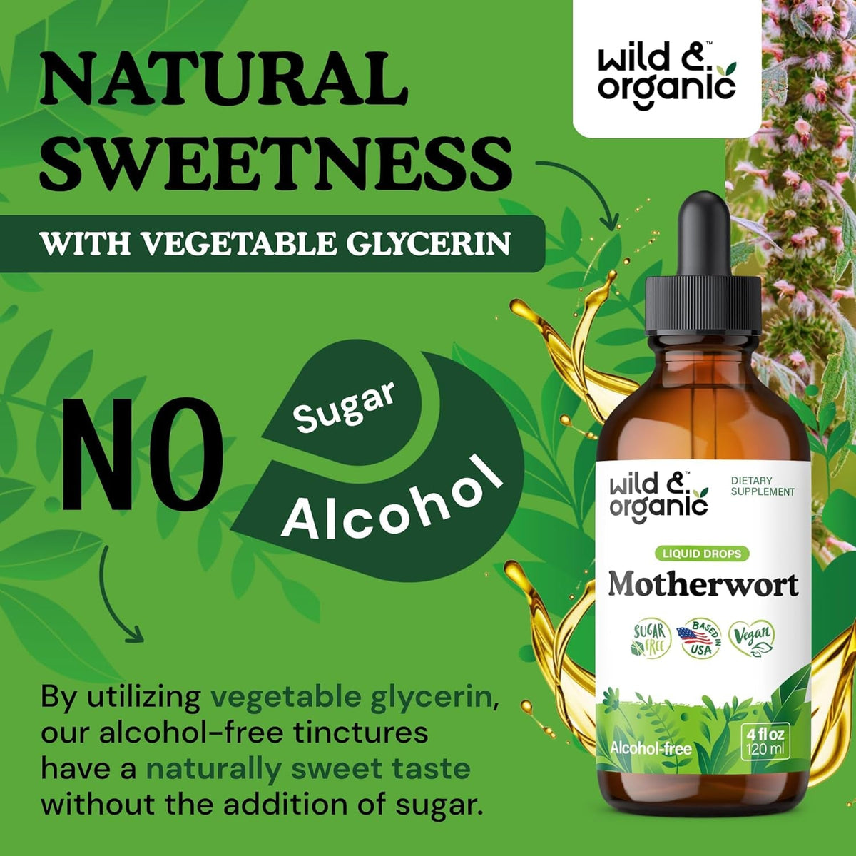 Wild & Organic Motherwort Tincture - Good Mood, Calmness, Overall Support - Supplements for Women with Motherwort Herb - Vegan, Sugar & Alcohol-Free Extract Drops - 4 Fl Oz