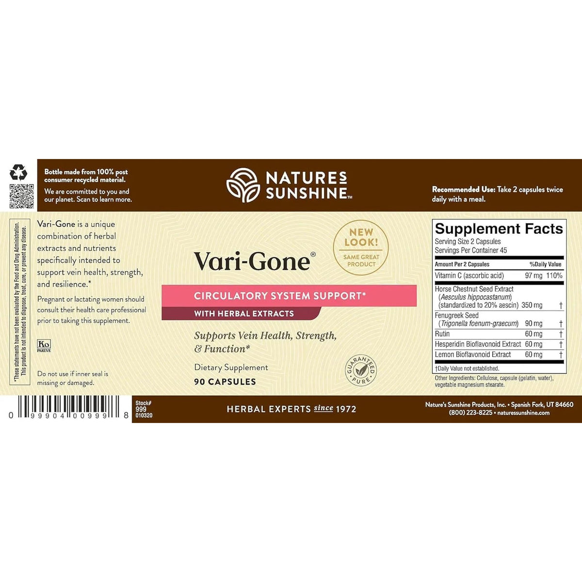 Nature'S Sunshine Vari-Gone, 90 Capsules, Varicose Vein Supplements with 7 Powerful Herbs and Nutrients That Support Circulation for Vein Health, Strength, and Function