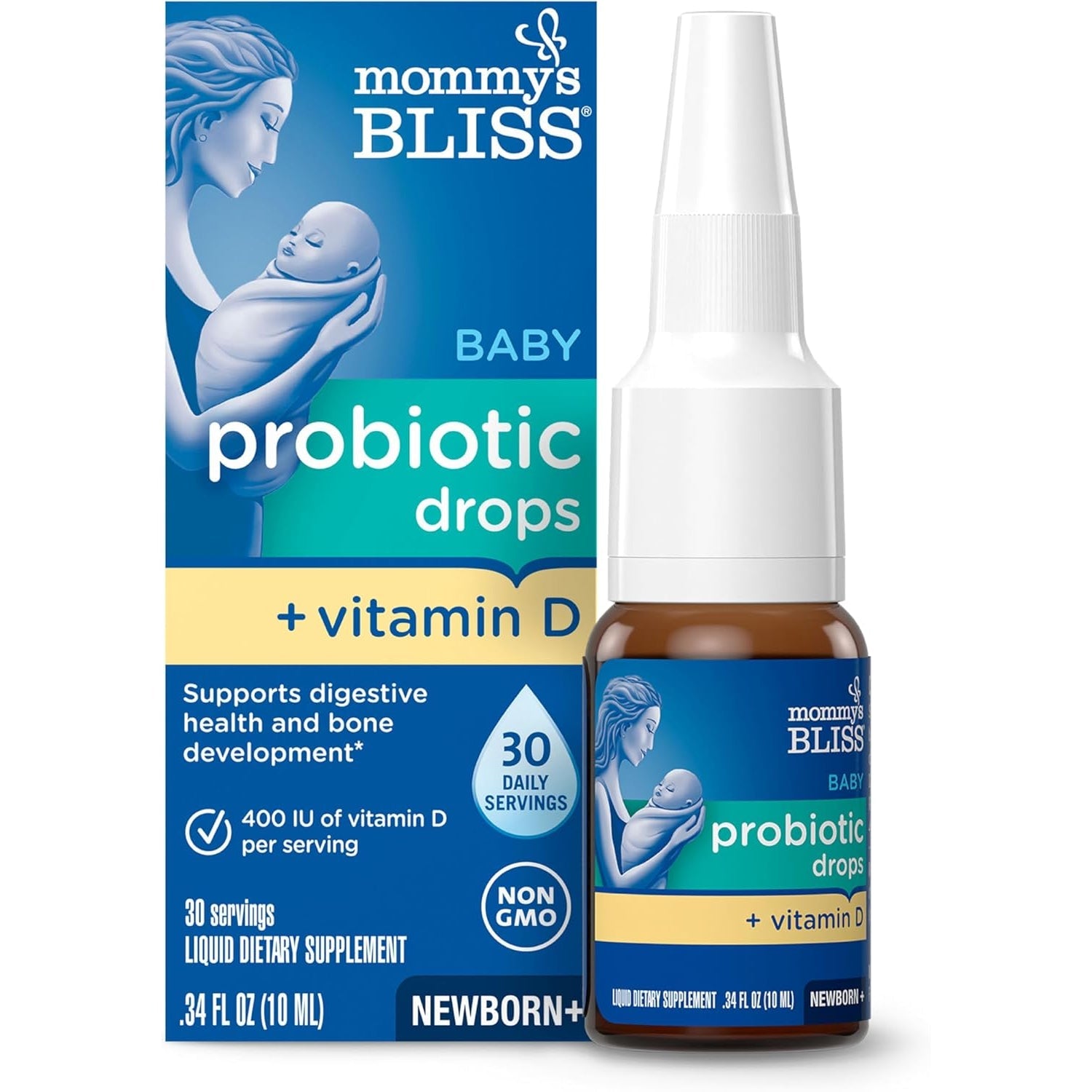 Mommy'S Bliss Baby Probiotics + Vitamin D Drops, Supports Digestive Health & Immune Function*, 400IU Vitamin D , Supports Bone Development*, Newborns+, Flavorless, 0.34 Fl Oz (30 Servings)