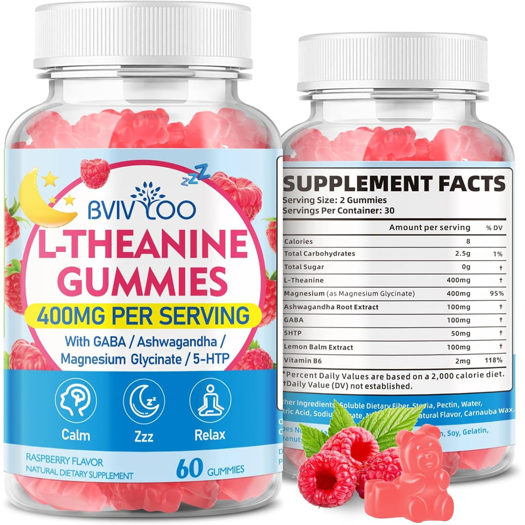 L-Theanine Gummies with L-Theanine 400 Mg, Ashwagandha, GABA, 5-HTP, Magnesium Glycinate for Calm, ZZZ & Relaxation Support - Vegan, Raspberry Flavor, 60 Count