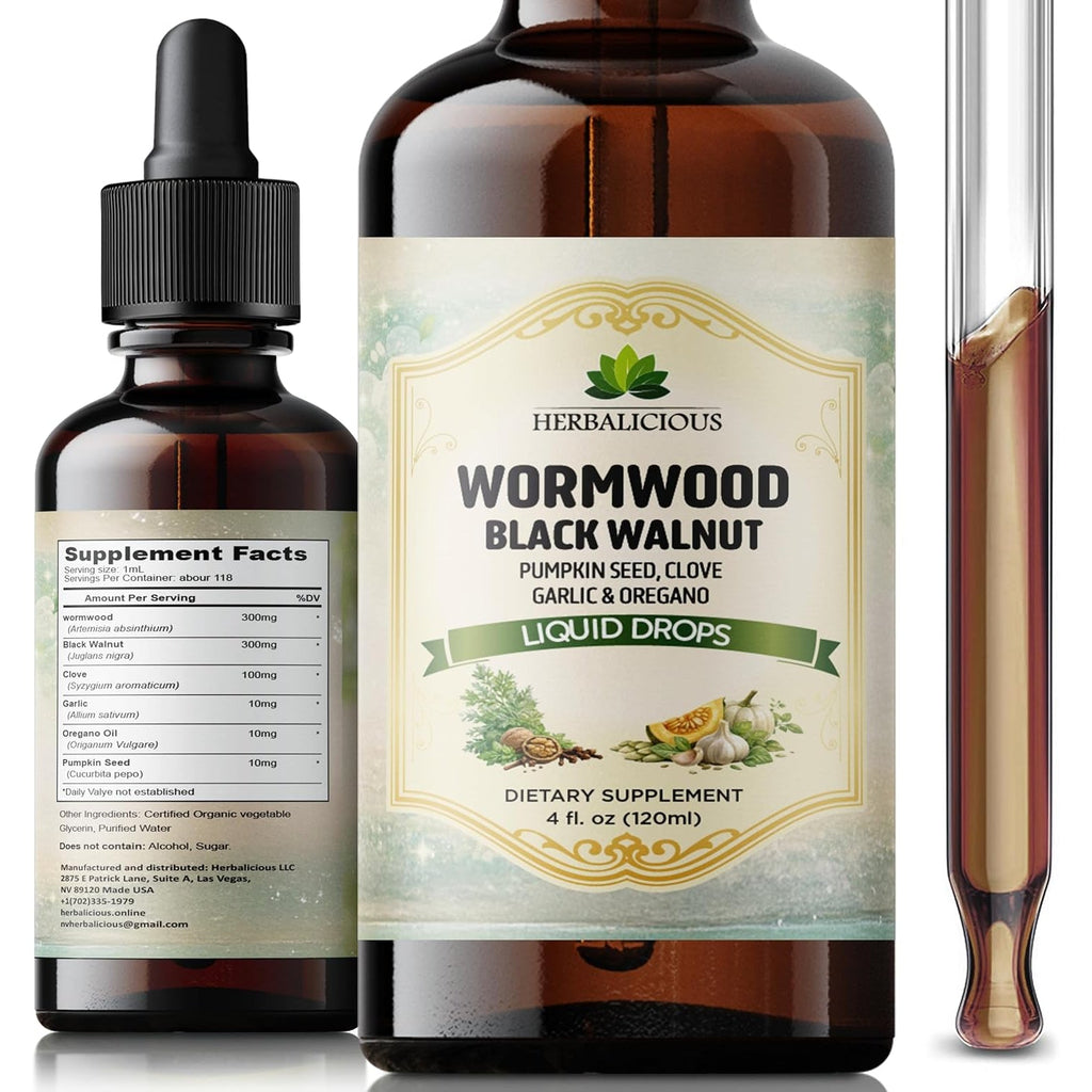 HEBRALICIOUS Wormwood Black Walnut Clove Parasite Cleanse – Herbal Liquid Drops with Pumpkin Seed, Garlic & Oregano Oil – Alcohol-Free Tincture Supplement, 4 Fl Oz (120 Ml)