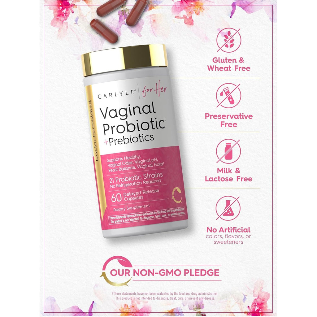 Carlyle Vaginal Probiotics for Women | 60 Capsules | with Prebiotics | Supports Healthy Odor, Ph, Yeast Balance, and Flora | Vegan, Non-Gmo, Gluten Free | for Her