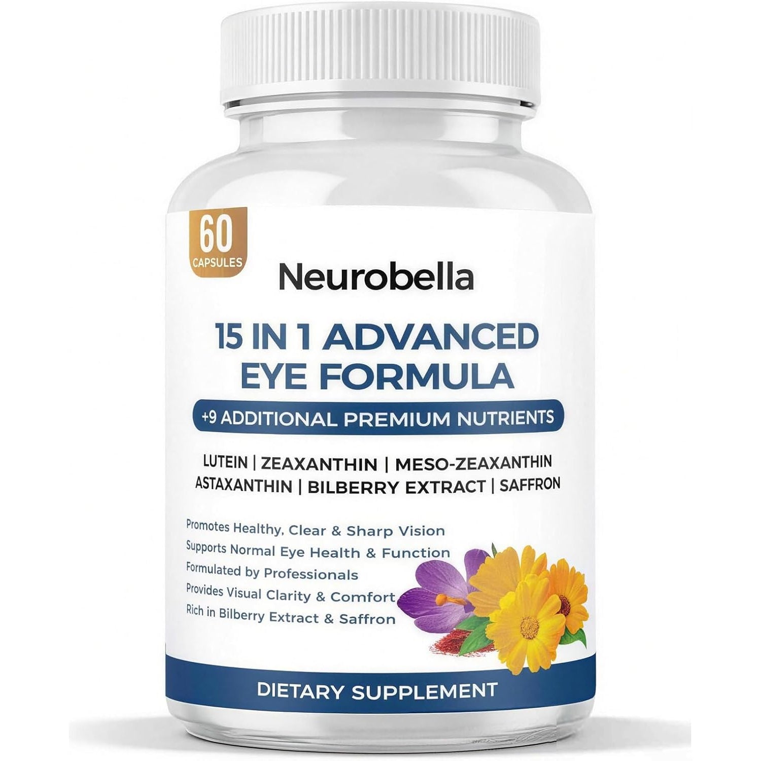 15-In-1 Advanced Eye Formula, Eye Support Formula for Daily Comfort with Lutein, Zinc, Luteolin, 60 Capsules