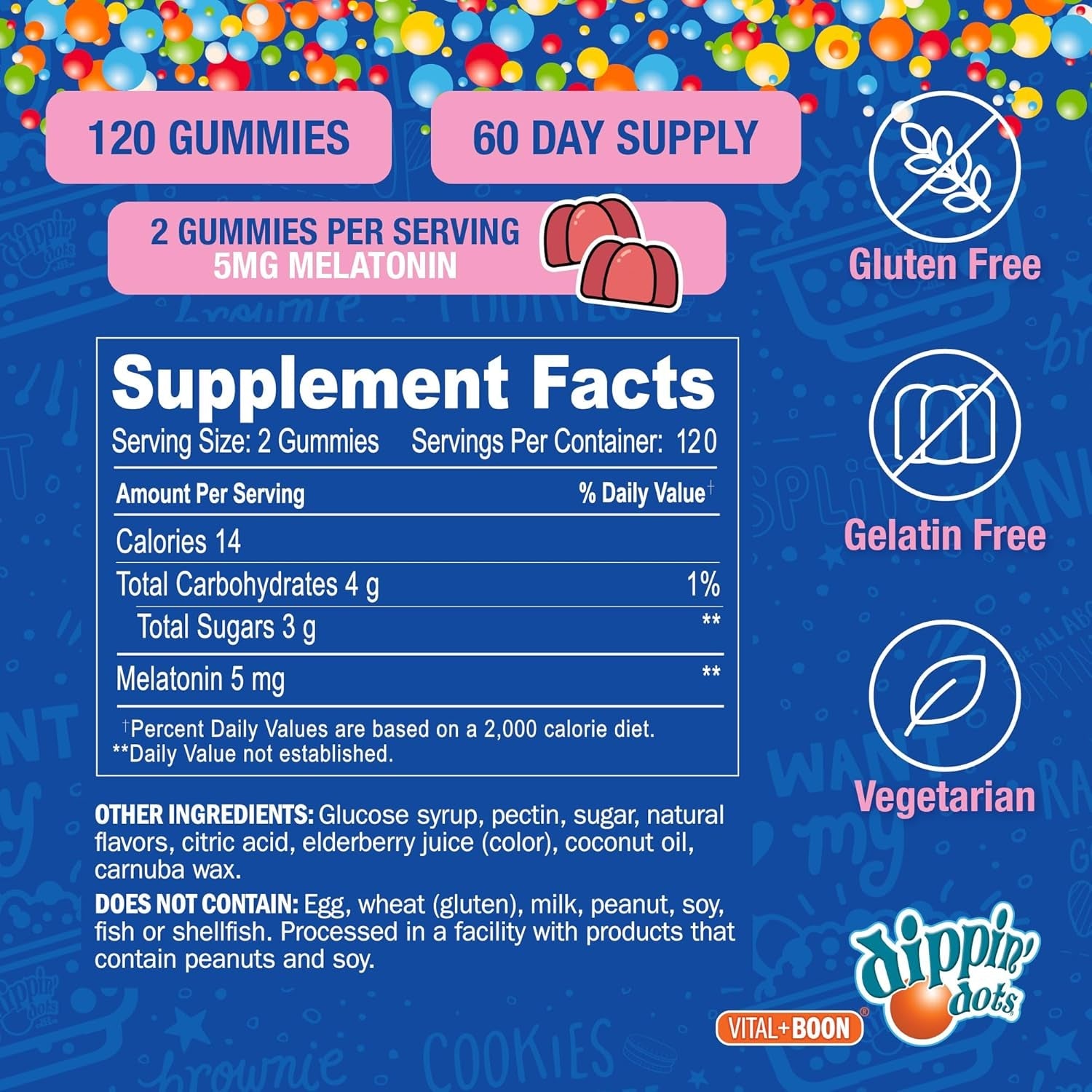 Dippin Dots - Melatonin Gummies for Kids & Adults (60 Days Supply) Strawberry Sunset Creme Flavor | 2.5Mg per Kids Melatonin Supplement for Faster, Longer Sleep | Gummies for Children (120 Count)