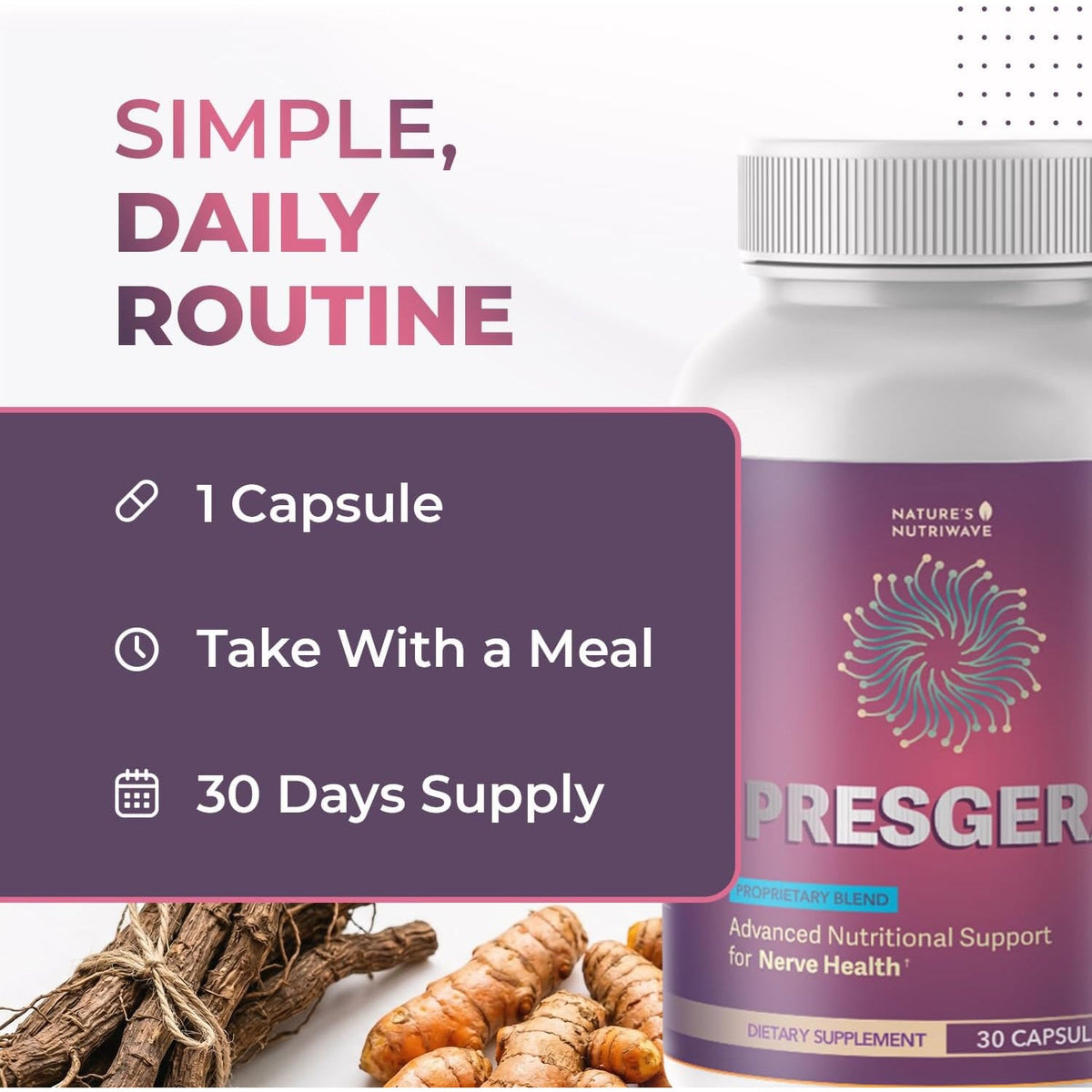 Presgera Capsules – Natural Daily Supplement with Magnesium Glycinate, Turmeric, Alpha Lipoic Acid & More – Made in USA, Non-Gmo, Easy-To-Take – 30 Capsules, 1 Month Supply