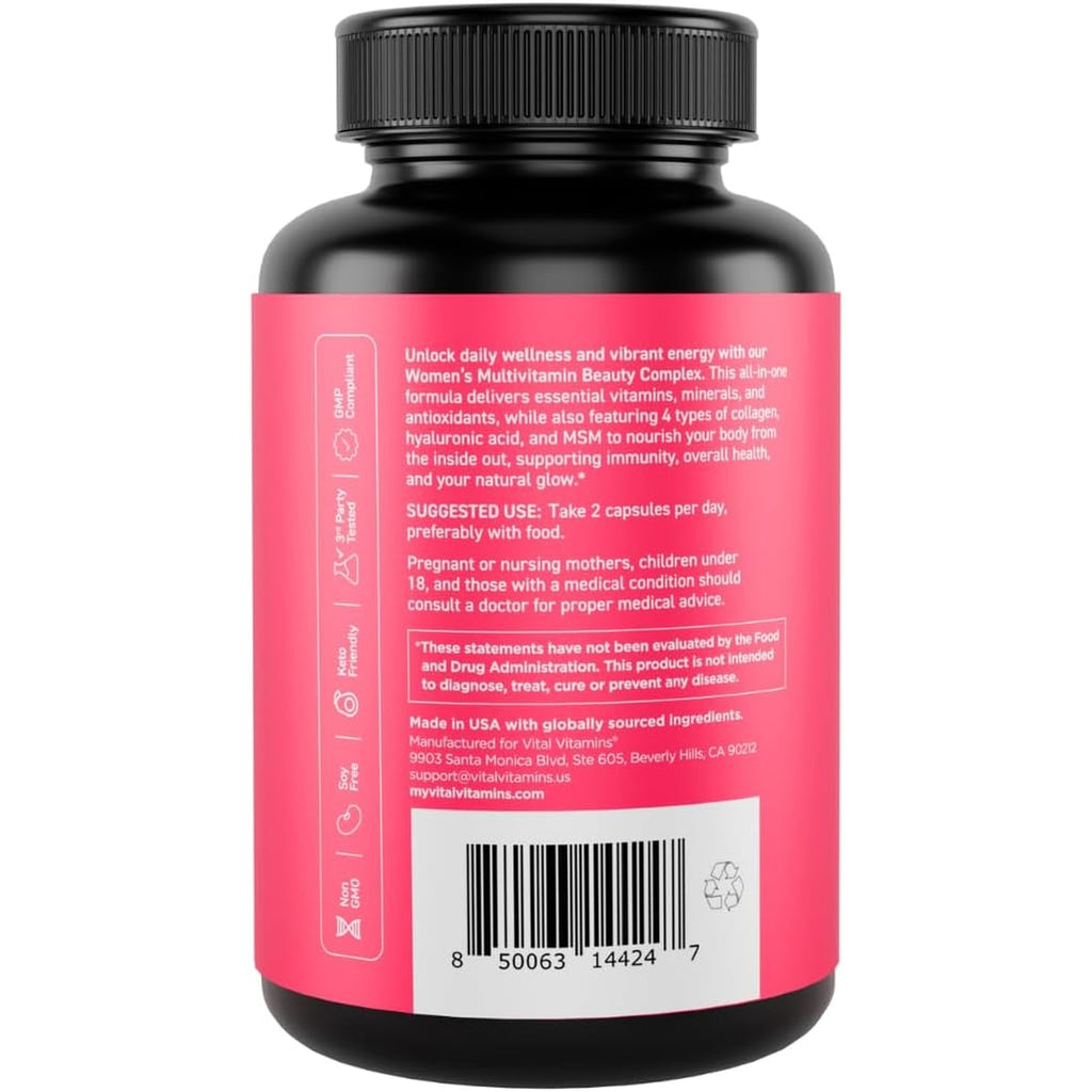 Vital Vitamins Women'S Multivitamin Complex - Made with Multi-Collagen Blend, Hyaluronic Acid, & MSM - Beauty Multivitamins - with Vitamin A, C, E, B6, B12, D3-60 Capsules