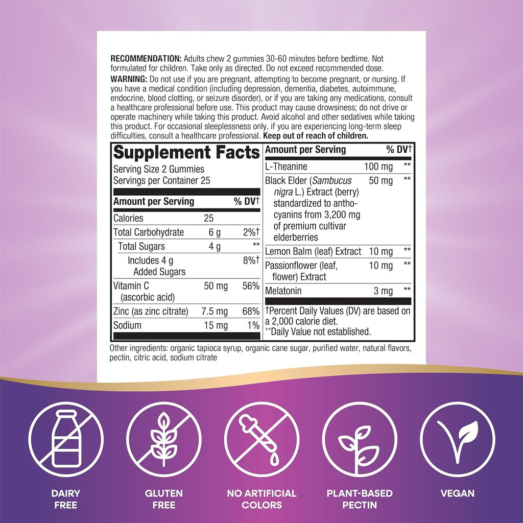 Nature'S Way Sambucus Sleep + Immune* Elderberry Gummies, Sleep Support for Adults and Immune Support*, with Melatonin, Vitamin C, L-Theanine, Zinc, 50 Gummies (Packaging May Vary)