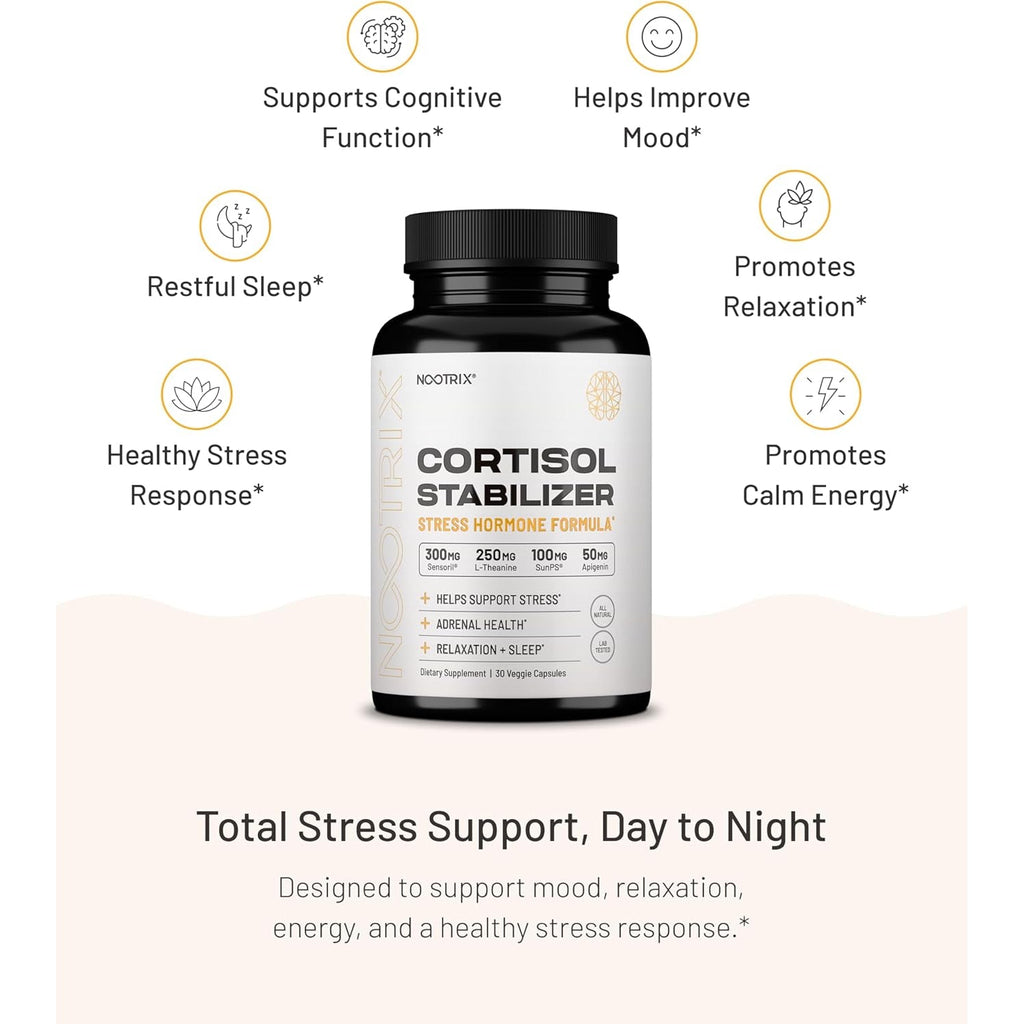 Nootrix Cortisol Manager & Stabilizer Supplement | Supports Deep Sleep, Relaxation, Adrenal Health & Stress | 300Mg Ashwagandha | L-Theanine, Rhodiola Rosea Extract & Apigenin | 90 Capsules