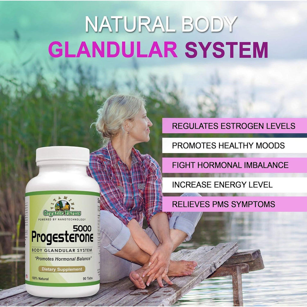 Organic Farm Vitamins Progesterone 5000 - Body Glandular System Dietary Supplement, 100% Natural Progesterone Pills - Formula to Balance Hormones - Progesterone Supplement, 90 Tablets
