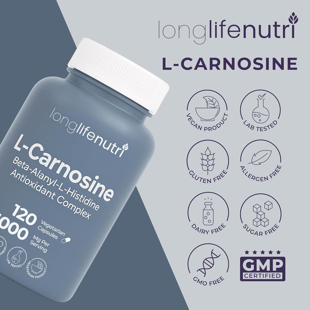 Longlifenutri L-Carnosine 1000Mg - Beta-Alanyl-L-Histidine Supplement for Cellular Energy & Brain Clarity, 120 Vegetarian Capsules, 2-Month Supply, GMP Certified, Made in USA