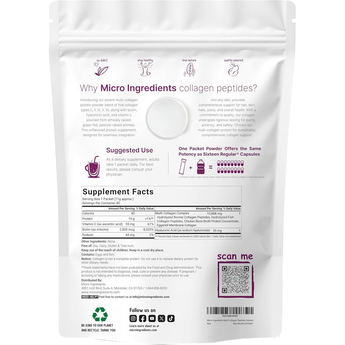 Micro Ingredients Multi Collagen Peptides Powder, 40 Stick Packs | Type I, II, III, V, X + Biotin, Vitamin C & Hyaluronic Acid | Unflavored | Supports Hair, Skin & Joint Health | Keto, Non-Gmo
