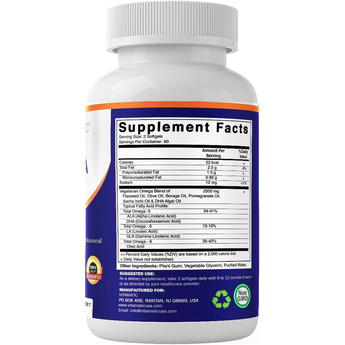 Vitamatic Vegan Omega 3-6-9 Complex 1250Mg | Flaxseed, Olive, Borage & Algae Oils | Plant-Based Omegas | 120 Softgels